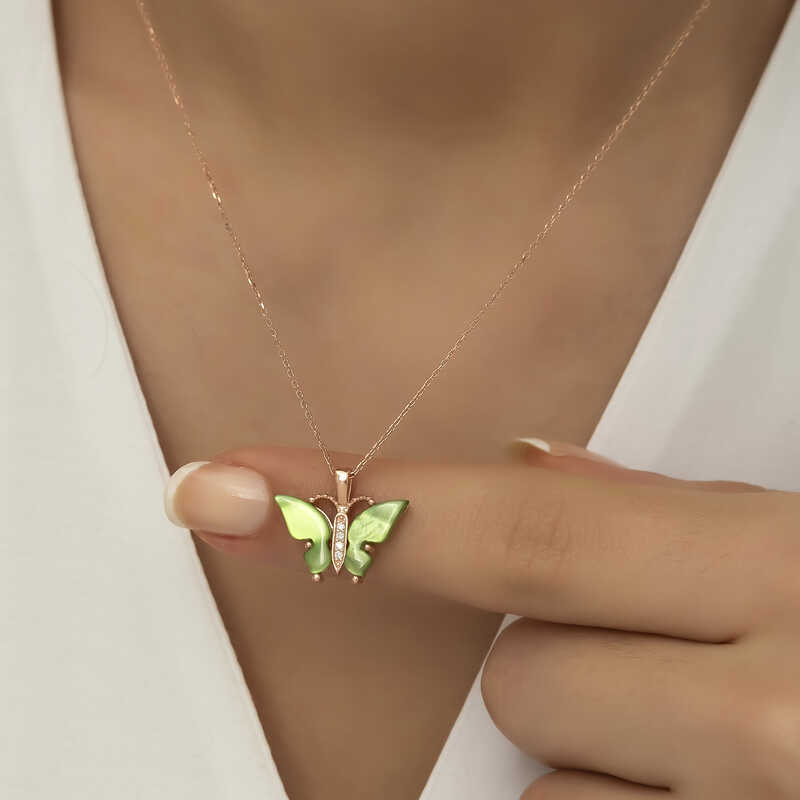 Silver Rose Green Tiger’s Eye Stone Butterfly Necklace