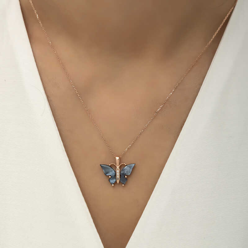 Silver Rose Anthracite Tiger’s Eye Stone Butterfly Necklace