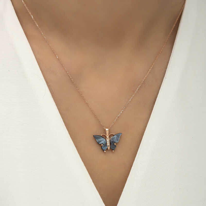 Silver Rose Anthracite Tiger’s Eye Stone Butterfly Necklace