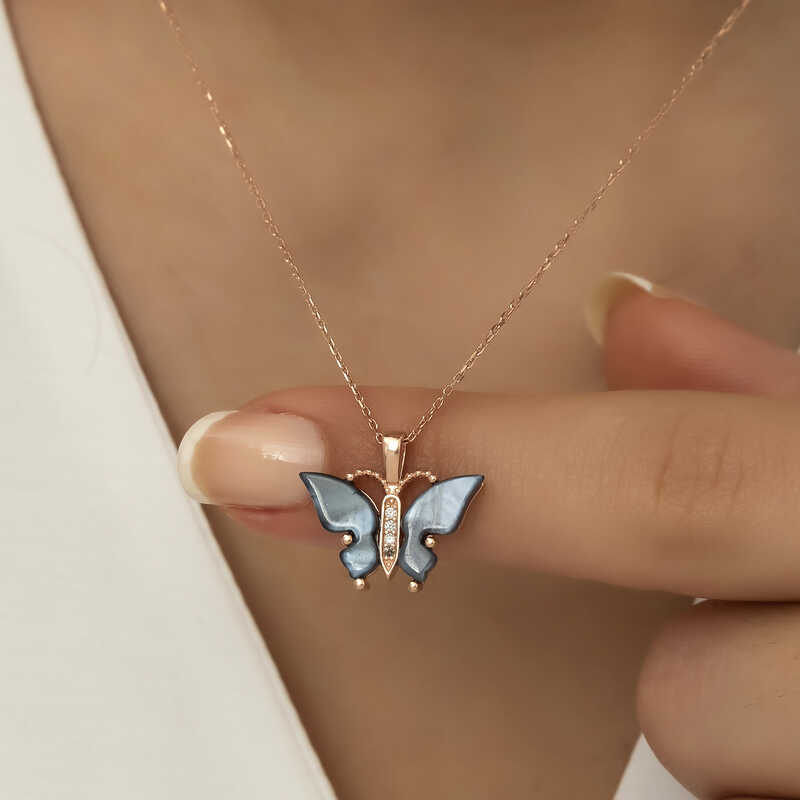 Silver Rose Anthracite Tiger’s Eye Stone Butterfly Necklace