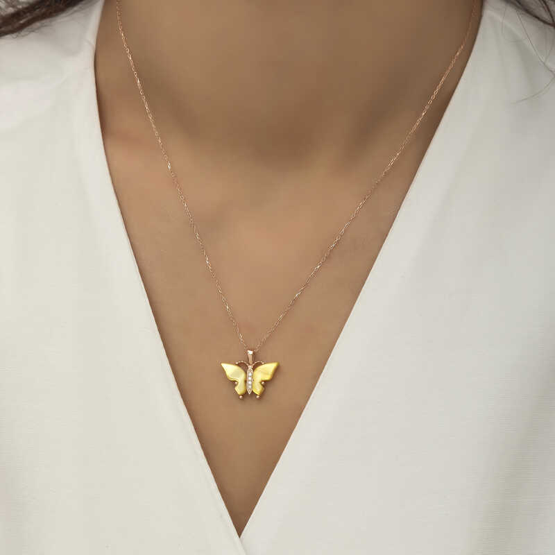 Silver Rose Yellow Tiger’s Eye Stone Butterfly Necklace