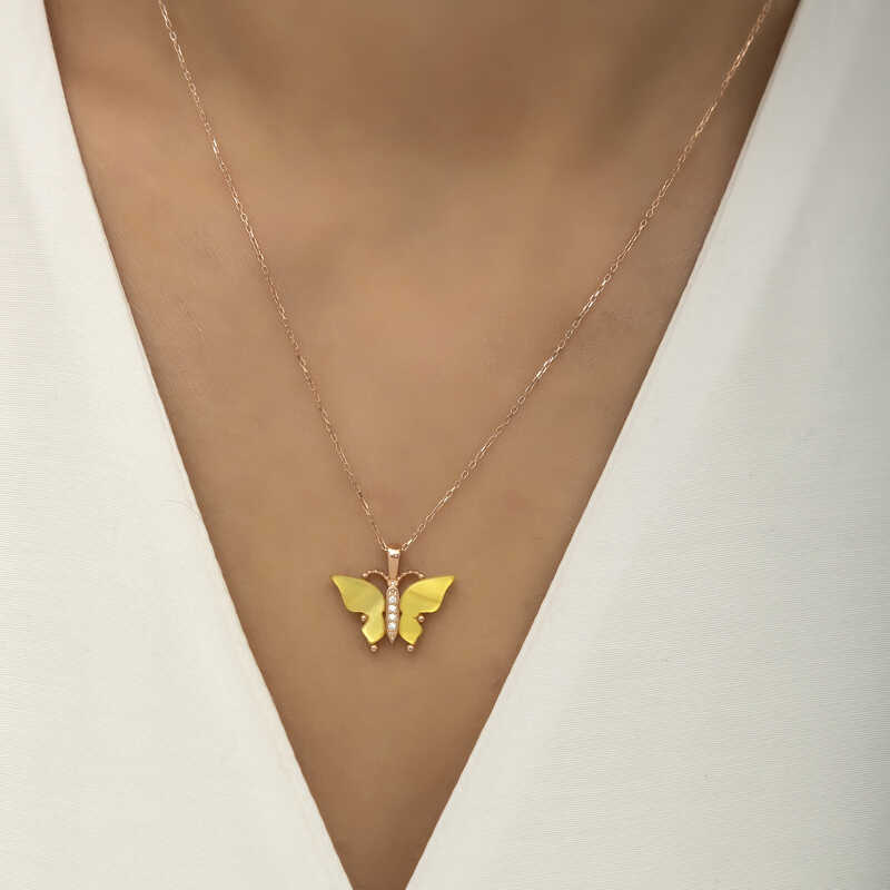 Silver Rose Yellow Tiger’s Eye Stone Butterfly Necklace