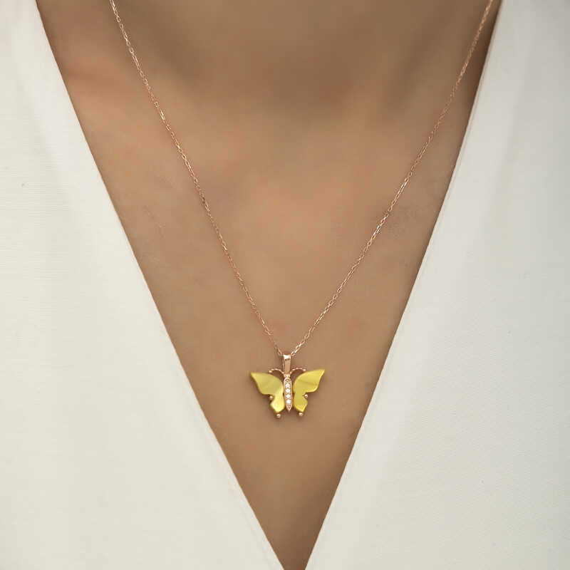 Silver Rose Yellow Tiger’s Eye Stone Butterfly Necklace