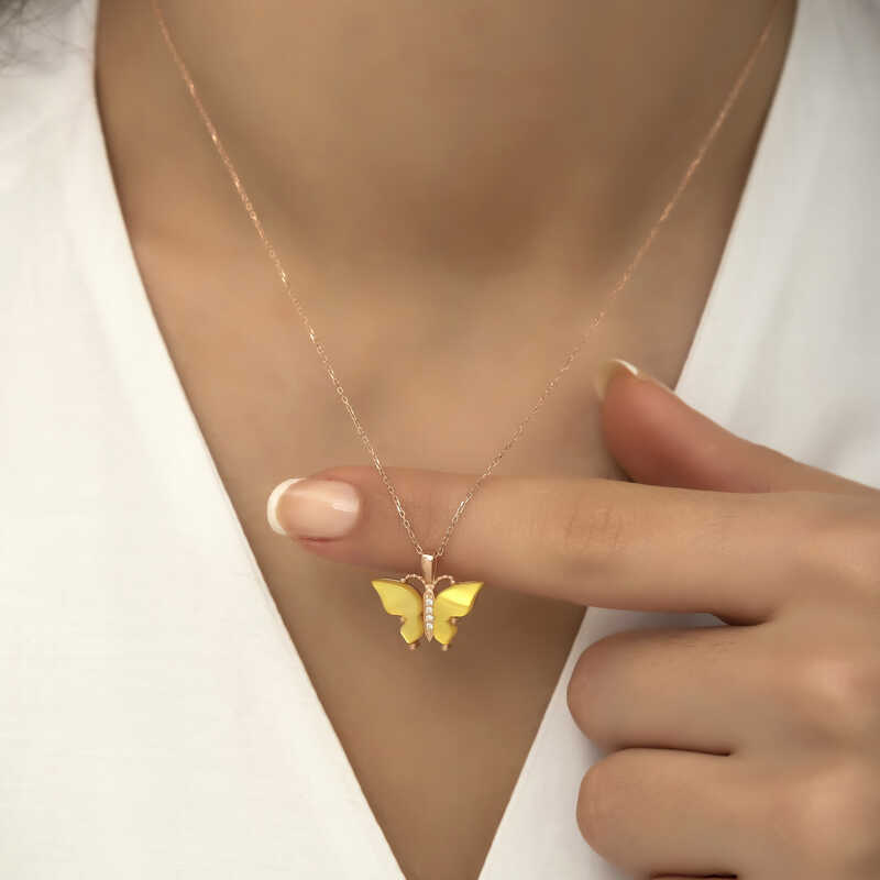 Silver Rose Yellow Tiger’s Eye Stone Butterfly Necklace