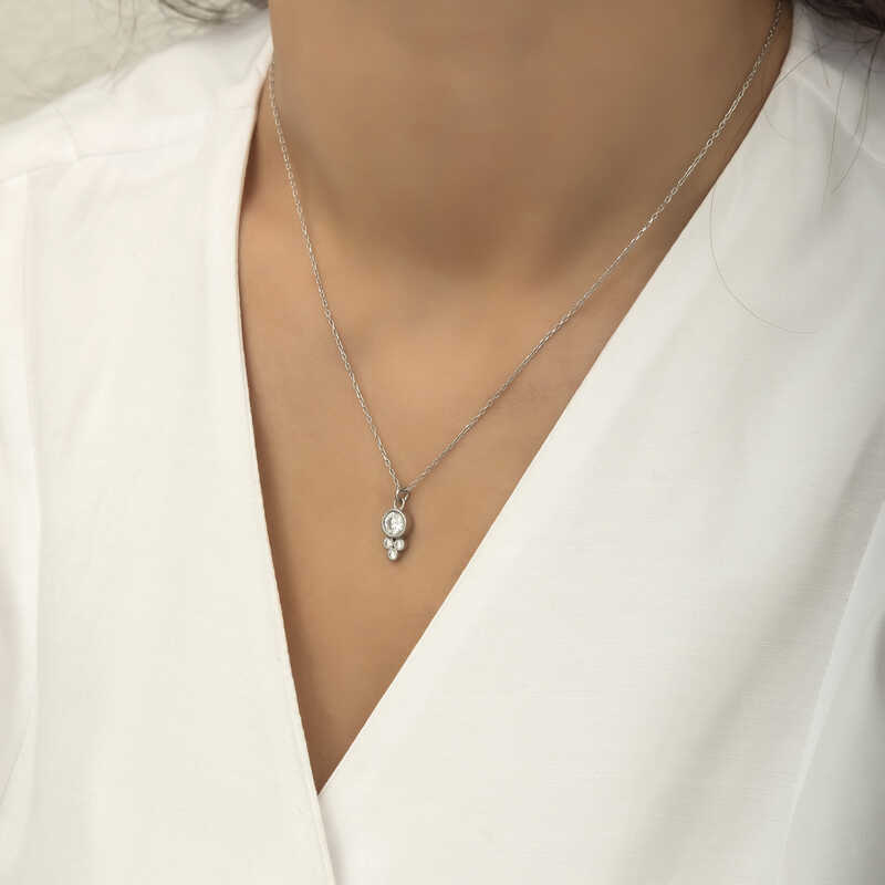 Silver Dew Drop Round Solitaire Women’s Necklace