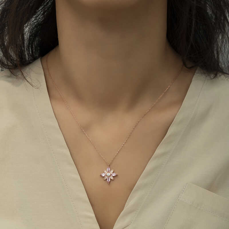 Silver Rose Pink Stone Hope Flower Necklace