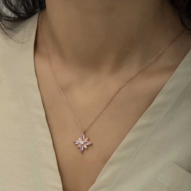 Silver Rose Pink Stone Hope Flower Necklace