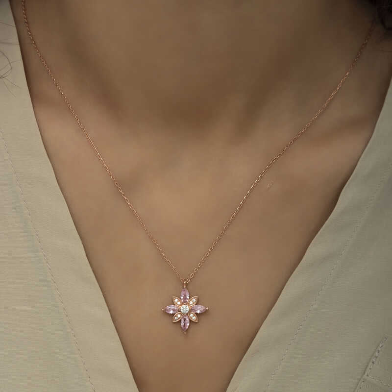 Silver Rose Pink Stone Hope Flower Necklace