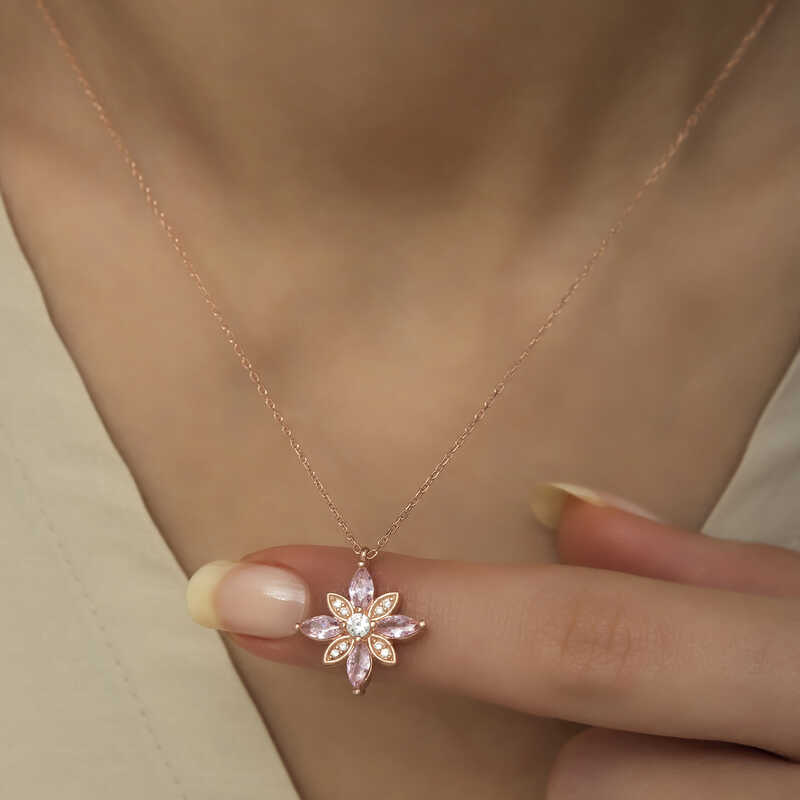 Silver Rose Pink Stone Hope Flower Necklace