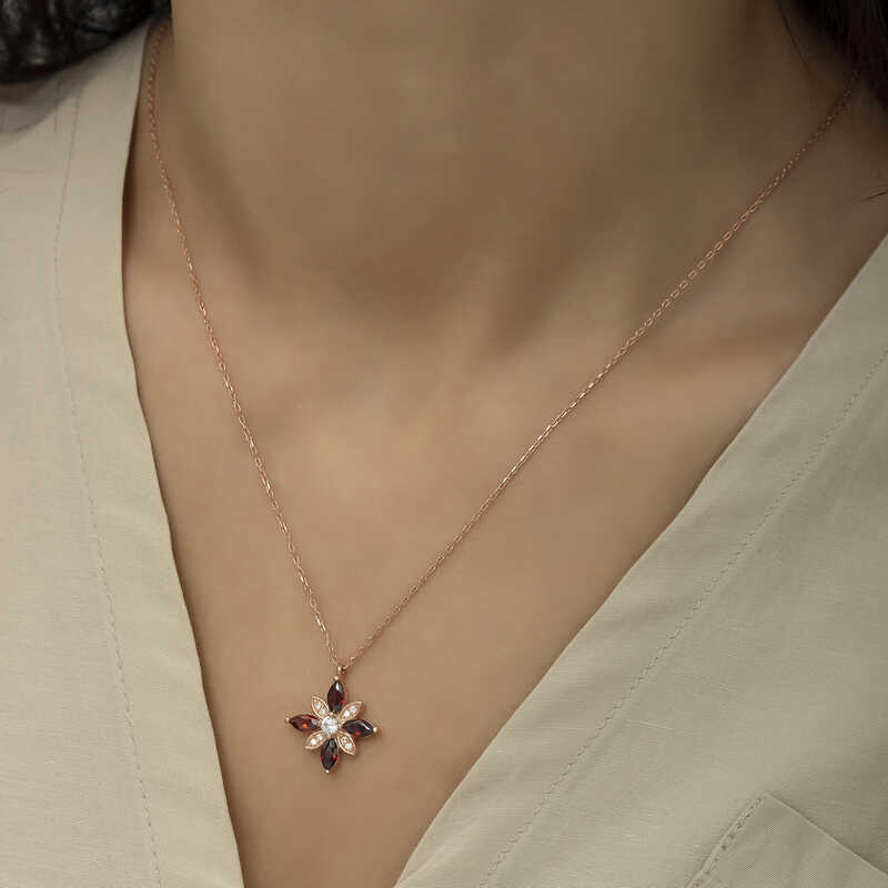 Silver Rose Red Stone Hope Flower Necklace