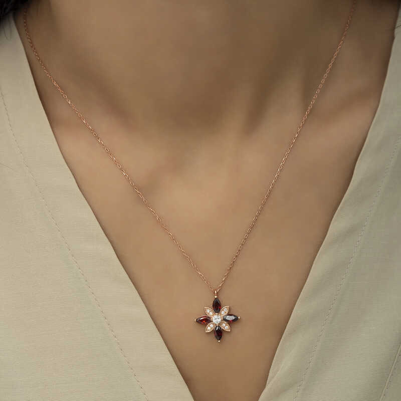 Silver Rose Red Stone Hope Flower Necklace