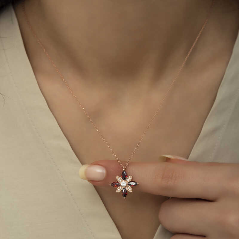 Silver Rose Red Stone Hope Flower Necklace