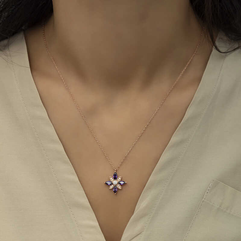 Silver Rose Purple Stone Hope Flower Necklace