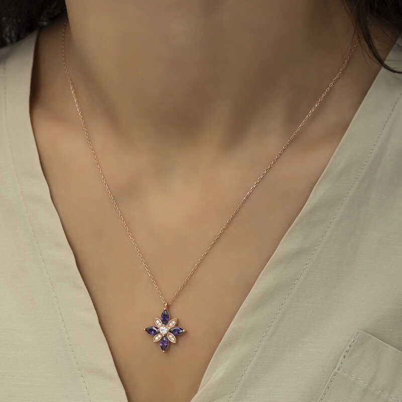 Silver Rose Purple Stone Hope Flower Necklace