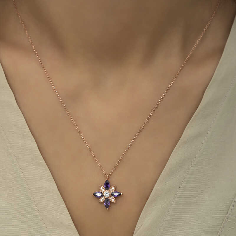 Silver Rose Purple Stone Hope Flower Necklace