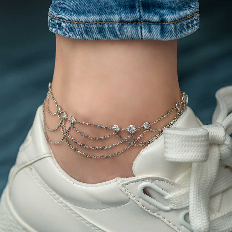 Silver Double Chain White Stone Anklet