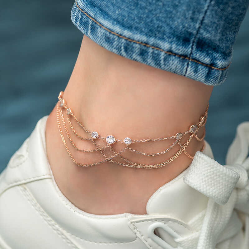 Silver Rose Double Chain White Stone Anklet