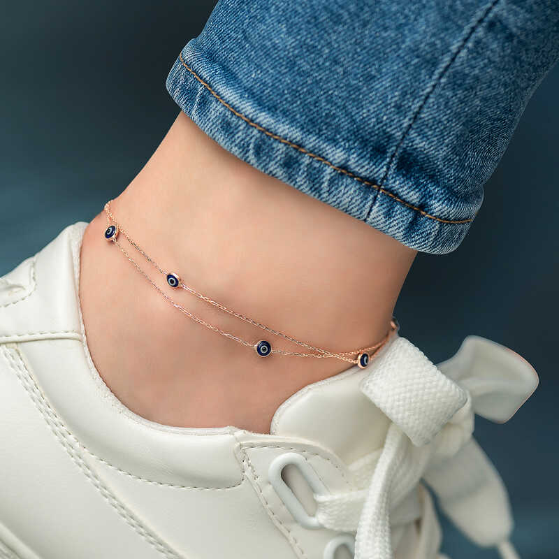Silver Rose Double Chain Evil Eye Anklet