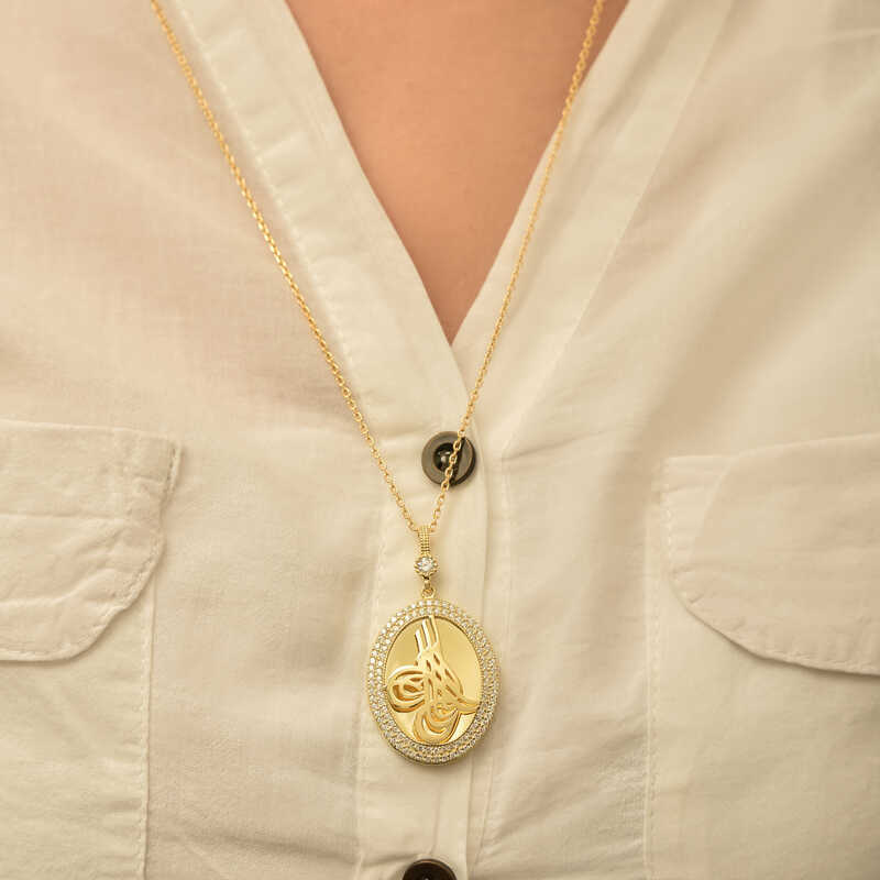 Silver Gold Tughra Oval Women’s Necklace