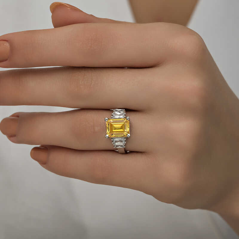 Silver Yellow Baguette Stone Women’s Ring