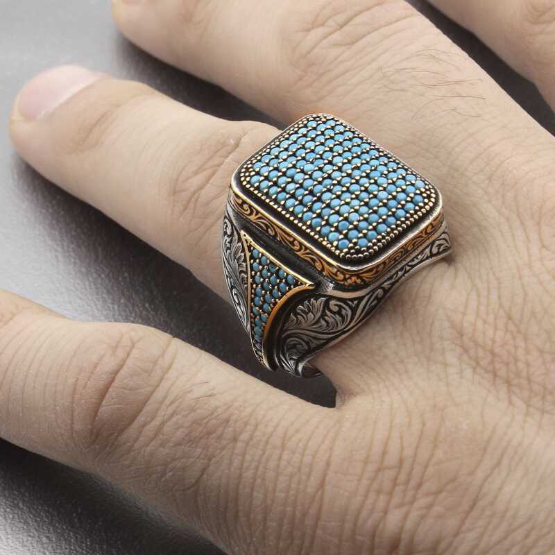 Silver Turquoise Zircon Stone Square Men’s Ring
