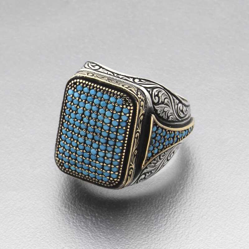 Silver Turquoise Zircon Stone Square Men’s Ring