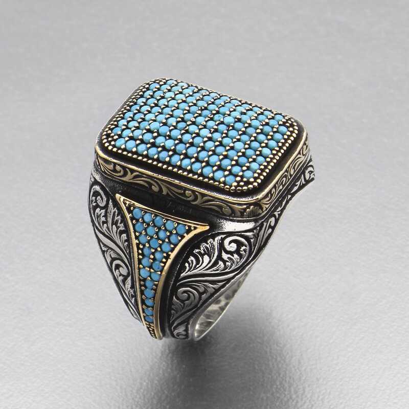 Silver Turquoise Zircon Stone Square Men’s Ring