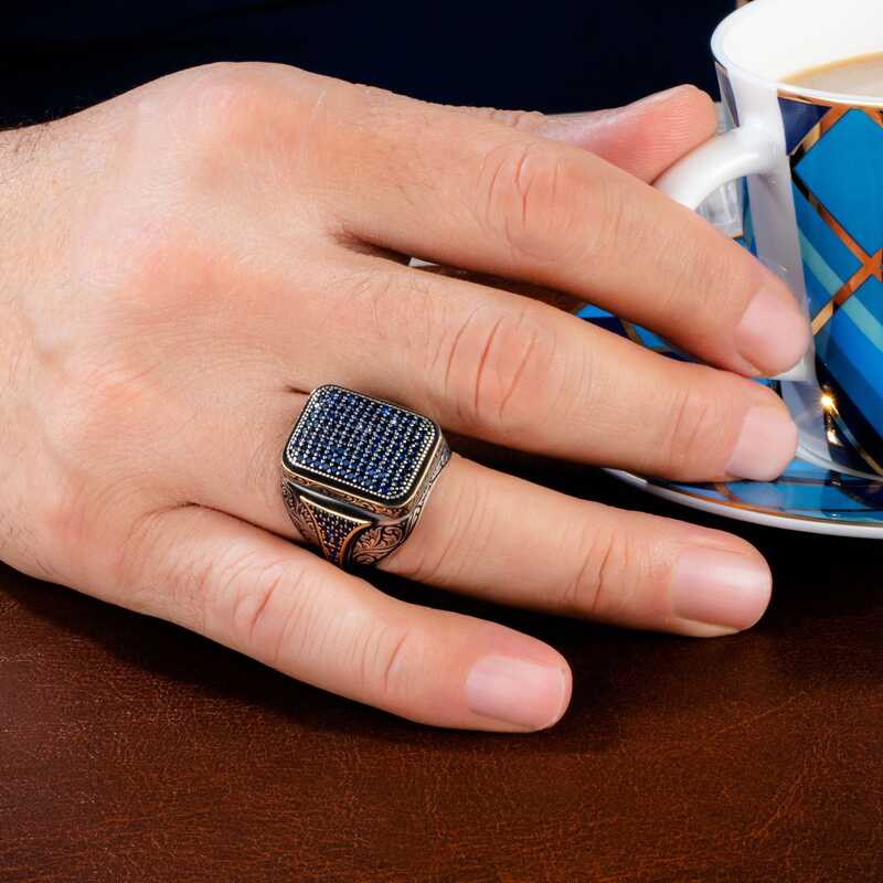 Silver Navy Blue Zircon Stone Square Men’s Ring