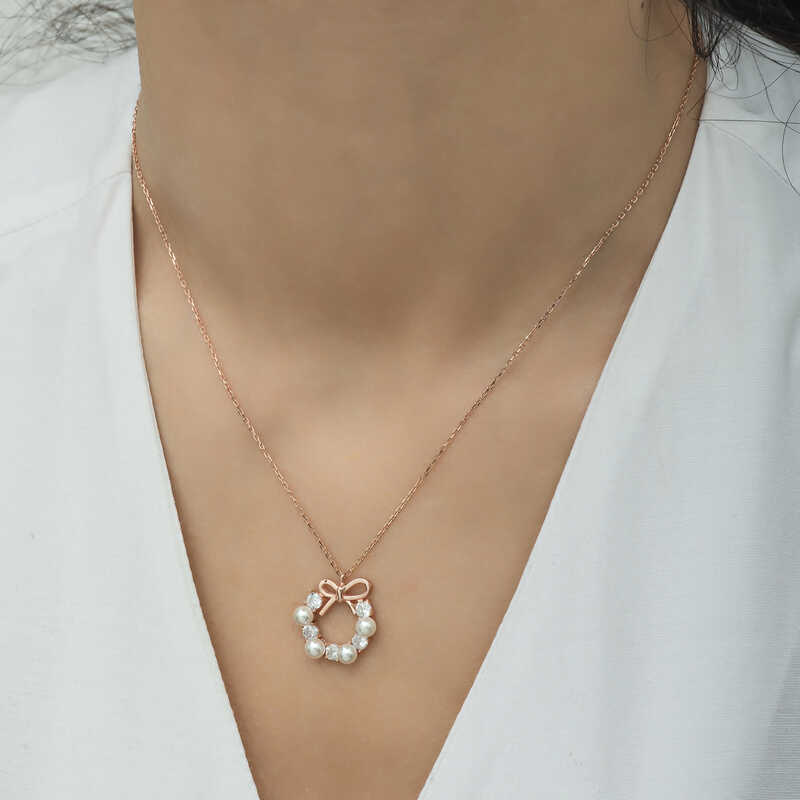 Silver Rose Pearl Ribbon Women’s Necklace