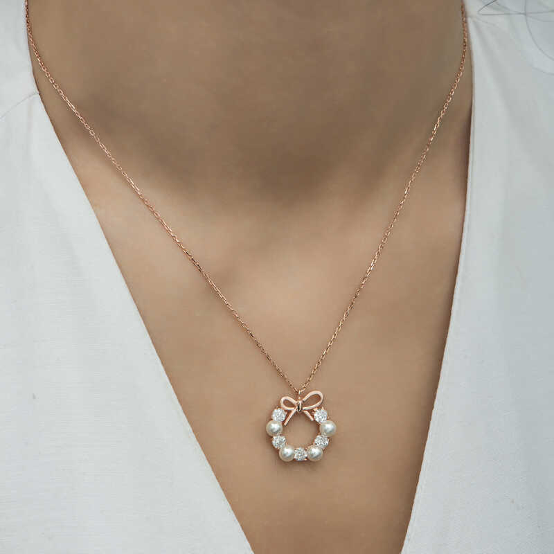 Silver Rose Pearl Ribbon Women’s Necklace