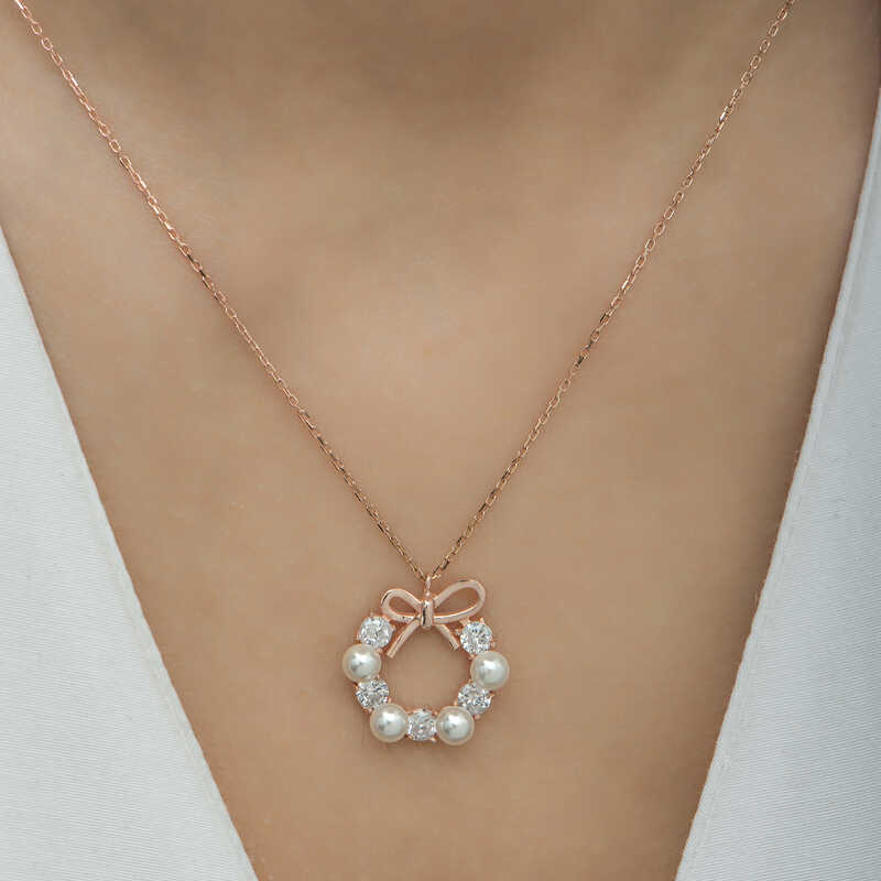 Silver Rose Pearl Ribbon Women’s Necklace