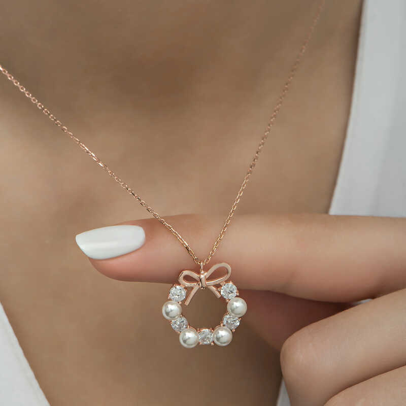 Silver Rose Pearl Ribbon Women’s Necklace