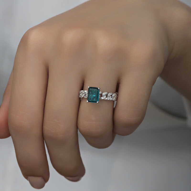 Silver Dark Green Baguette Stone Women’s Ring