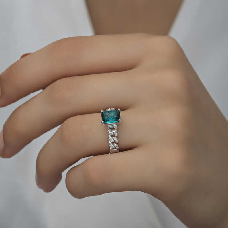Silver Dark Green Baguette Stone Women’s Ring