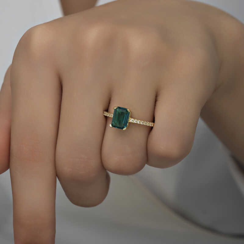 Silver Gold Green Baguette Stone Women’s Ring