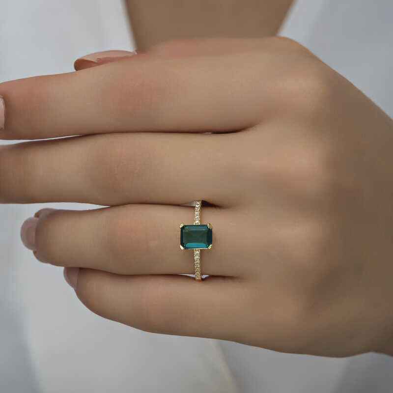 Silver Gold Green Baguette Stone Women’s Ring