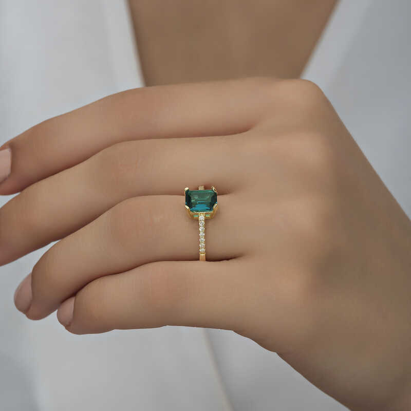 Silver Gold Green Baguette Stone Women’s Ring