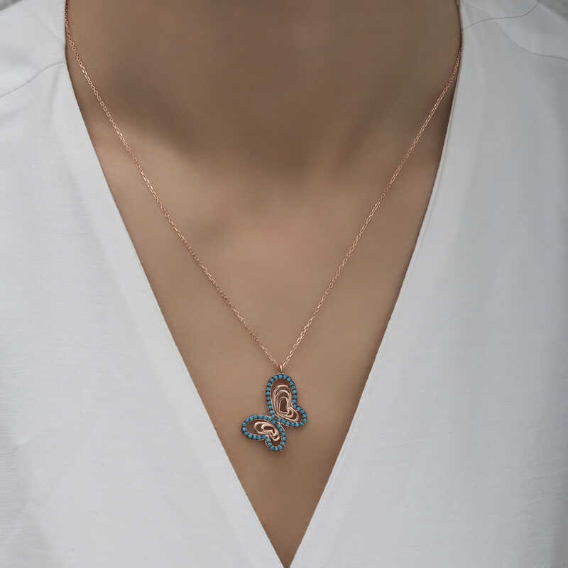 Silver Rose Turquoise Stone Butterfly Women’s Necklace