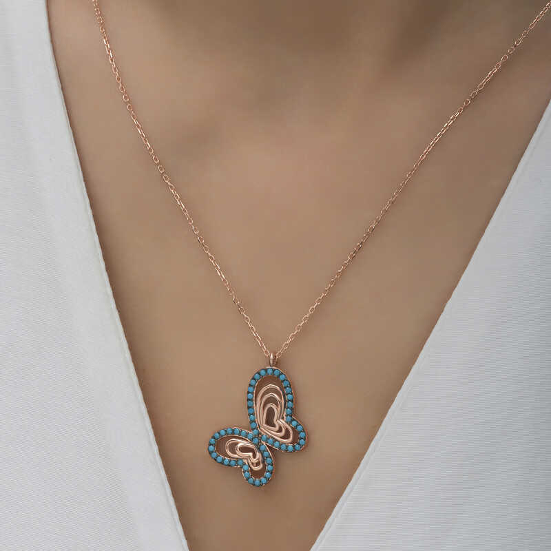 Silver Rose Turquoise Stone Butterfly Women’s Necklace