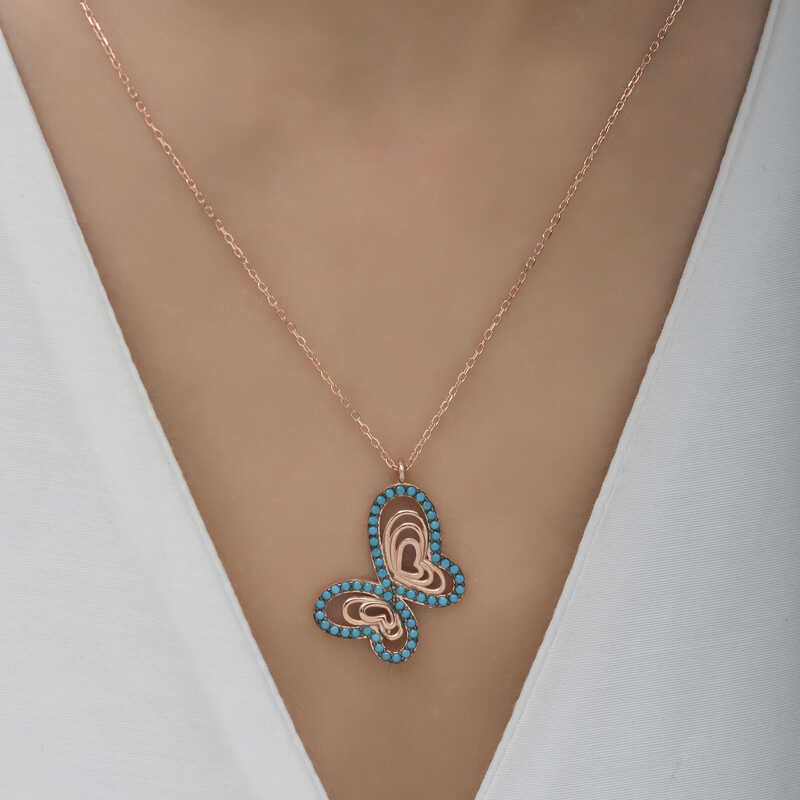 Silver Rose Turquoise Stone Butterfly Women’s Necklace