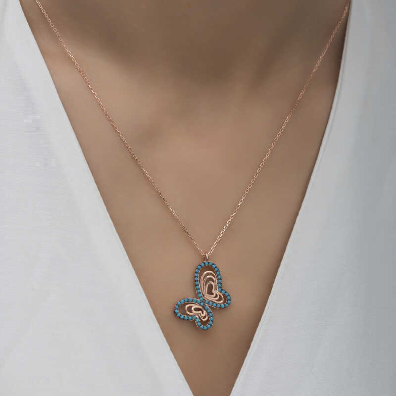 Silver Rose Turquoise Stone Butterfly Women’s Necklace