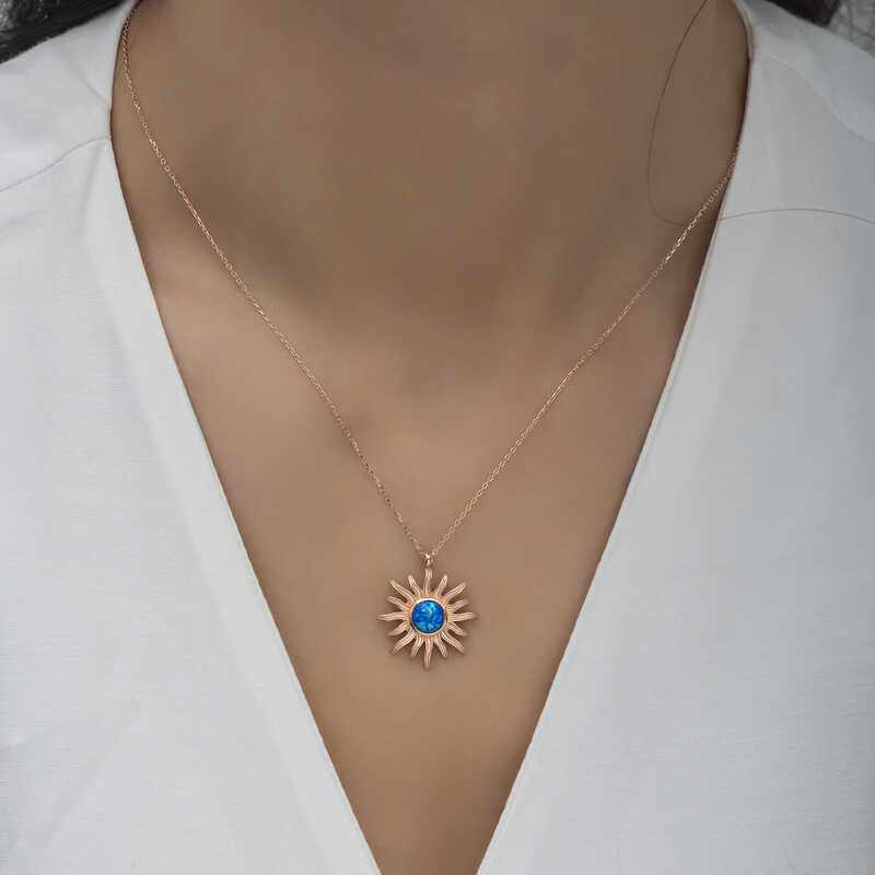 Silver Rose Blue Opal Stone Sun Women’s Necklace