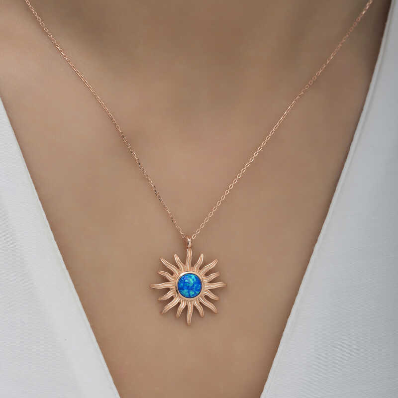Silver Rose Blue Opal Stone Sun Women’s Necklace