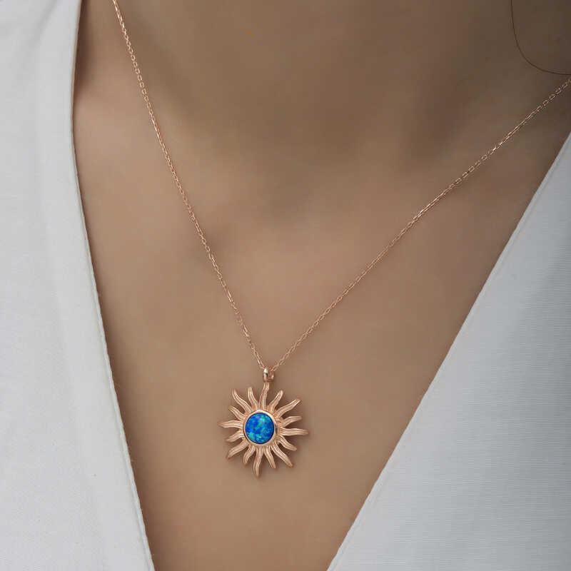 Silver Rose Blue Opal Stone Sun Women’s Necklace