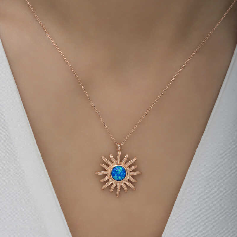 Silver Rose Blue Opal Stone Sun Women’s Necklace