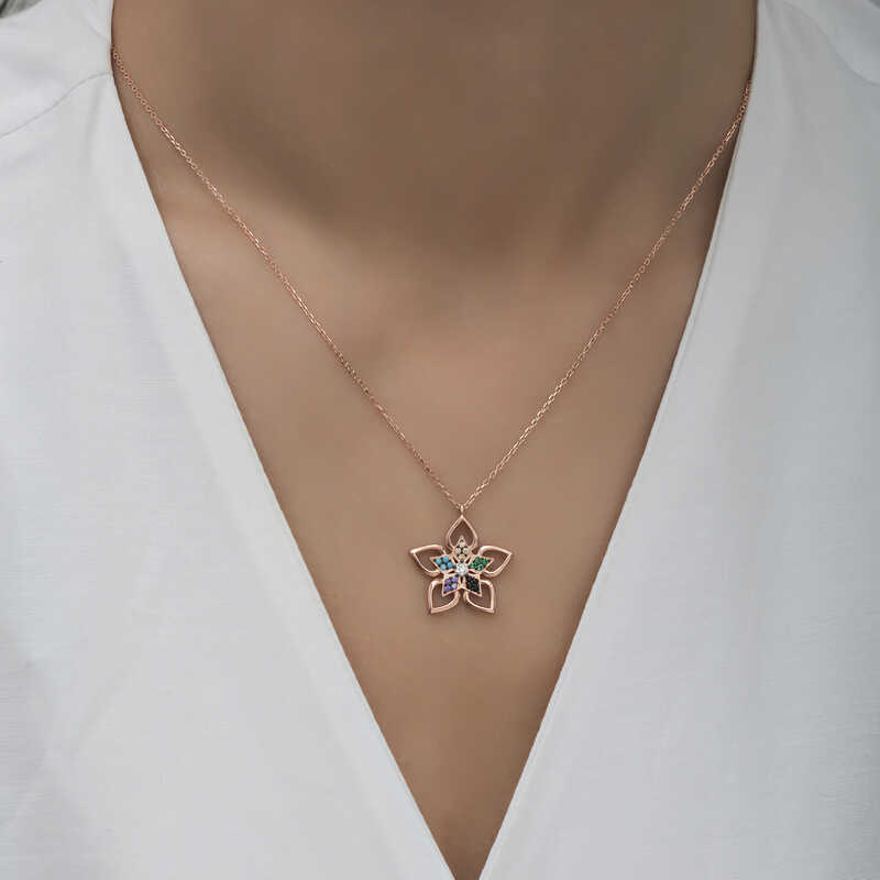 Silver Rose Color Stone Flower Women’s Necklace