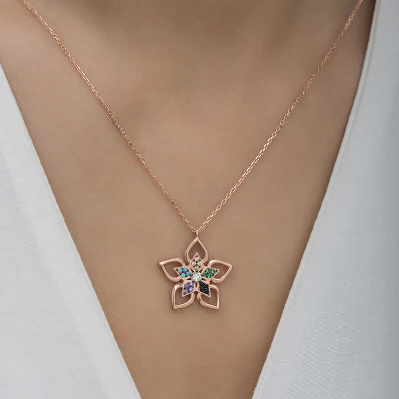 Silver Rose Color Stone Flower Women’s Necklace