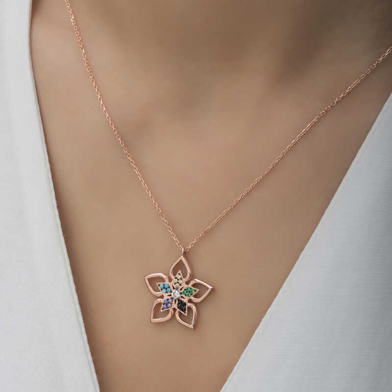 Silver Rose Color Stone Flower Women’s Necklace