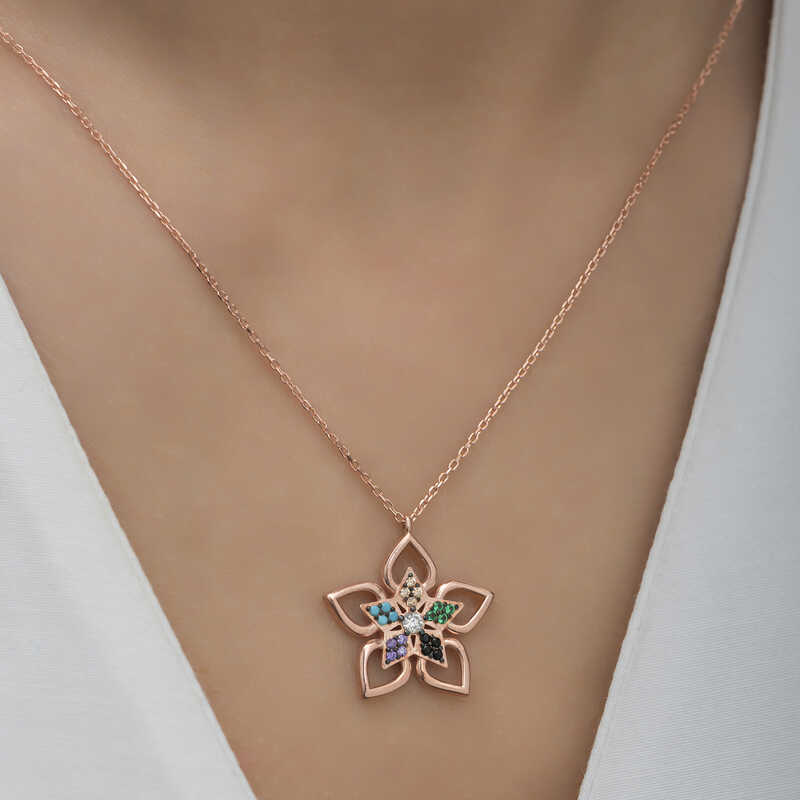 Silver Rose Color Stone Flower Women’s Necklace