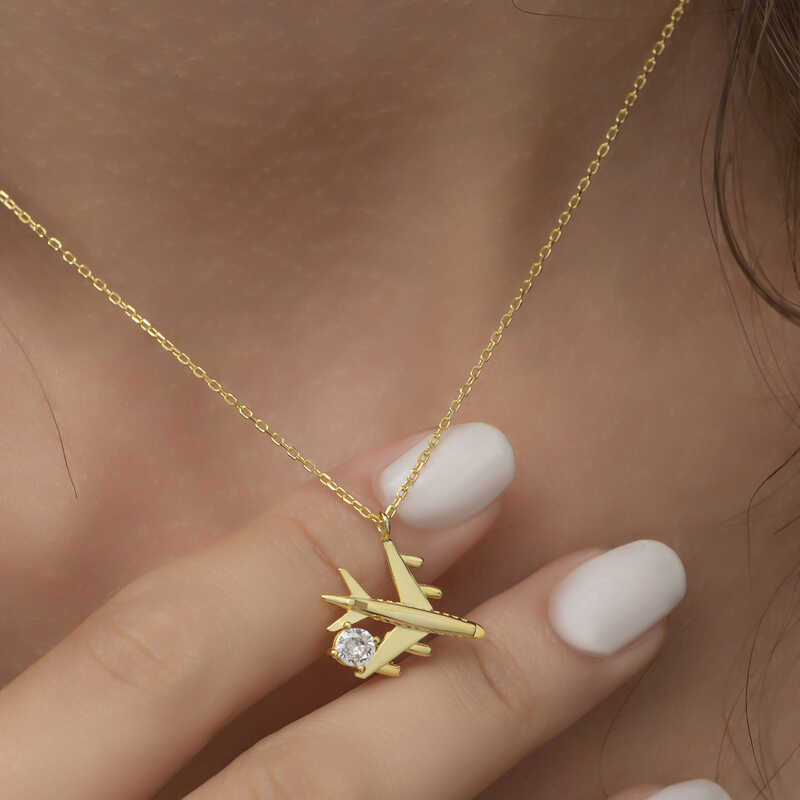 Silver Gold Single Stone Airplane Women’s Necklace